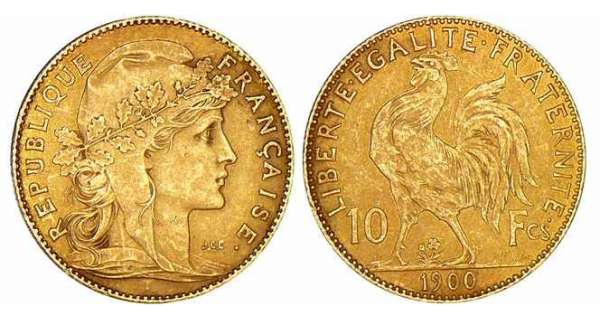 10 francs or Marianne 1900 A Paris flan mat exposition universelle
