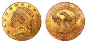 Buste tête recouverte de 1829 qualité épreuves de 5 demi aigle en or Grande date