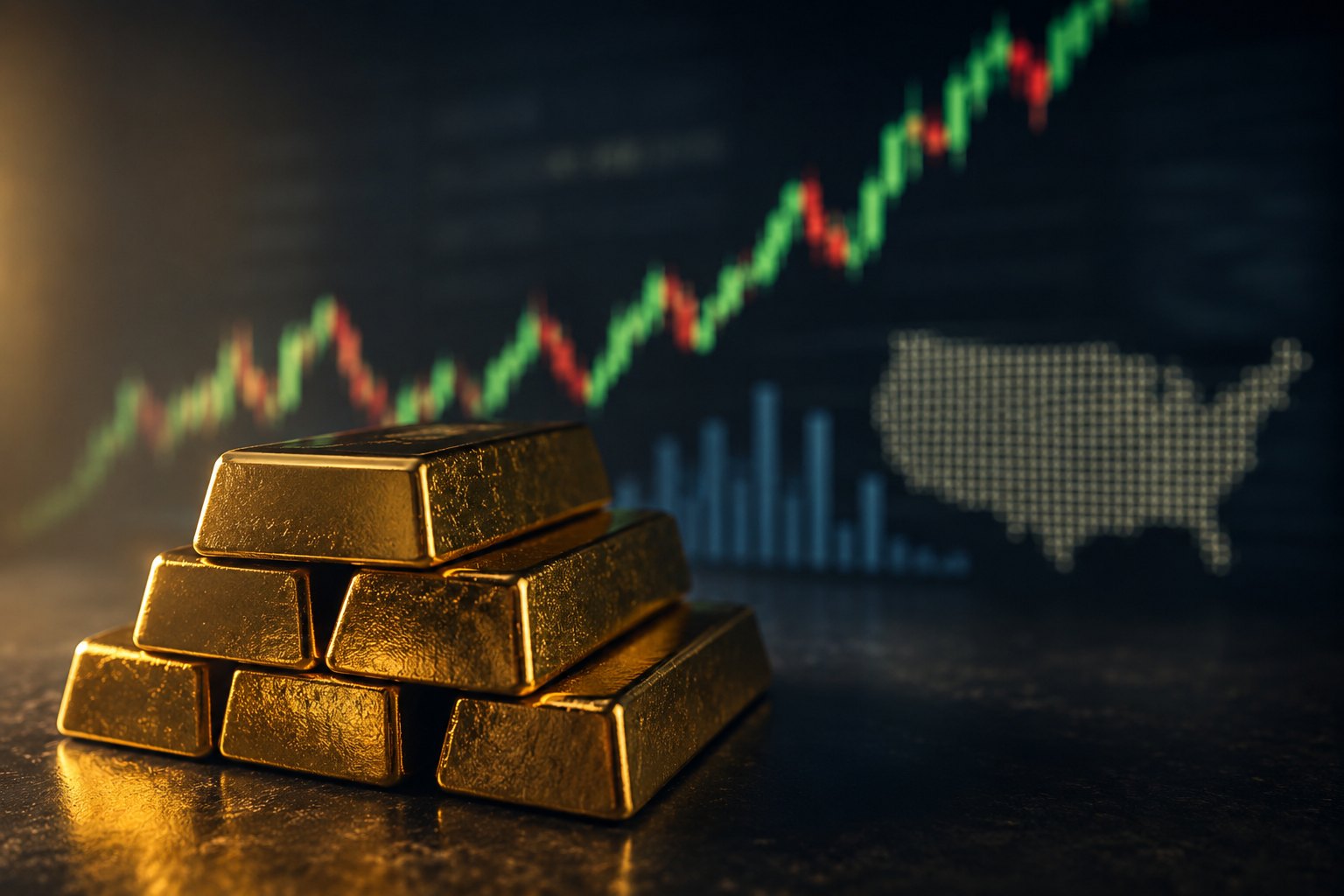 Lingots d'or devant un graphique boursier en hausse et une carte des États-Unis, cours de l'or en août 2026